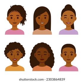 Mujeres negras con diferentes peinados. Cabello africano natural y estilos enderezados. Conjunto de ilustración de clip vectorial de dibujos animados.