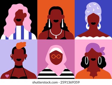 Black women faces, avatars set. Diverse African female characters, head portraits grid. Modern user profiles. Girls in headwear, muslim hijab, turban, headscarf, earrings. Flat vector illustration