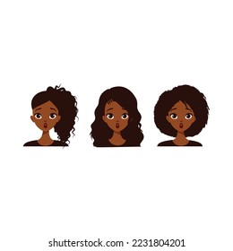 Black women faces with different hair styles. Beautiful young African American women with various hairstyles, suitable as avatar Cartoon African girls with natural hairstyles set isolated