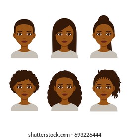 Black women faces with different hair styles. Cartoon African girls with natural hairstyles and straightened hair.