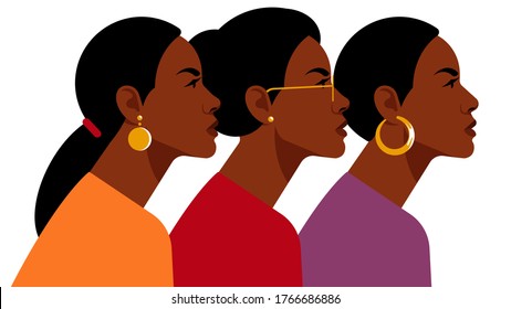 
Black women. Group of beautiful women with different hairstyle and clothes. Side view. Modern vector illustration.