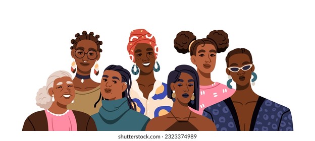 Black women, group portrait. African and Latin American female characters together. Happy modern stylish girls team, community of race, ethnicity. Flat vector illustration isolated on white background