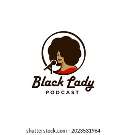 black women head with afro hair podcast logo icon,  black lady singer vector with microphone mascot logo Illustration design 