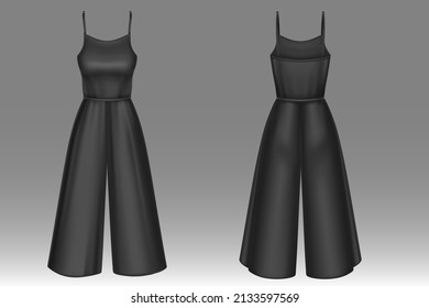 Black women jumpsuit in front and back view. Vector realistic 3d mockup of blank female overalls with pants and sleeveless top. Summer girls clothes or nightwear isolated on background