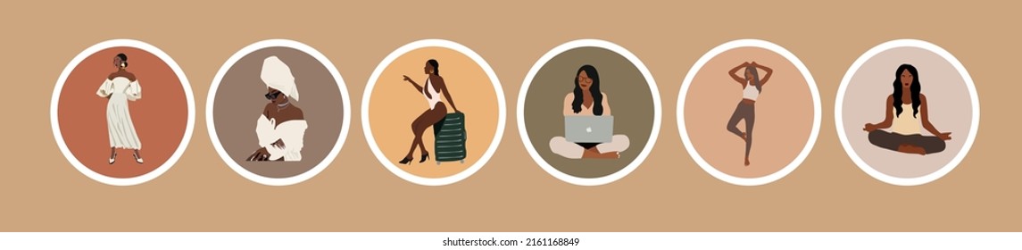 Black Women Lifestyle Icons. Instagram Highlights Covers In Earth Tone Colors. Abstract Fashion And Style Vector Illustrations Set Isolated.