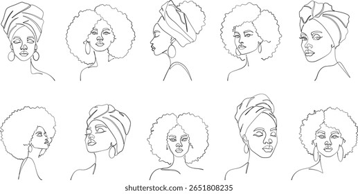 Preto Mulheres Line Art Set - Retratos minimalistas com penteados afro e turbantes, uma linha abstrato rosto feminino vetor