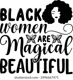 Black women are magical beautiful - Adorable vector banner with a girl and pink paper hearts, symbolizing love. Set against a white background, this design is perfect for greeting cards, mugs, and var