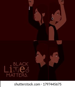 Black women and men cartoons in side view with black lives matters text design of Protest justice and racism theme Vector illustration