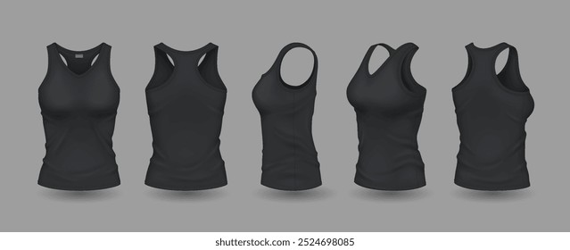 Camisas sem mangas mulheres negras com logotipo mockup conjunto de ilustração vetor realista. Traje de verão com modelos 3d de modelo de logotipo em fundo cinza