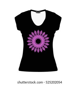 Black women T-shirt with serenevoy mandala. Mockup. Vector illustration on isolated background.