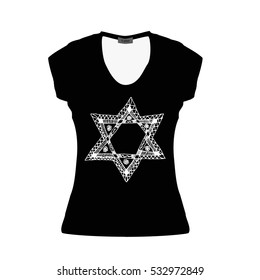 Black women T-shirt with a white six-pointed Star of David. Doodle. Draw hand. Mockup. Vector illustration on isolated background.