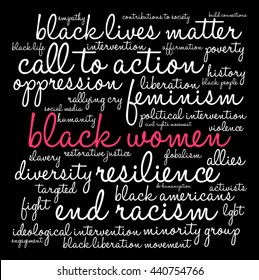 Black Women word cloud on a black background. 