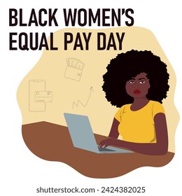 Black Women's Equal Pay Day. African american woman with laptop. Vector illustration 