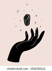 Black women's Hand with celestial crystal logo templates in silhouette design with shining stars. Vector Mystical logo with magic symbol in black and white. Scandinavian doodle style.