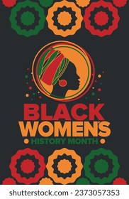 Black Women's History Month annual celebrated in April. International holiday in honor of the achievements of black women with roots in Africa of the past, future and present. Black woman silhouette