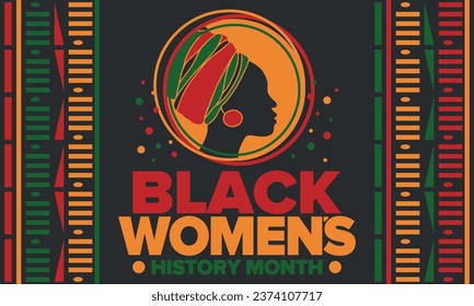 Black Women's History Month annual celebrated in April. International holiday in honor of the achievements of black women with roots in Africa of the past, future and present. Black woman silhouette