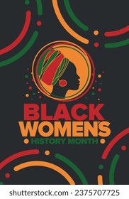Black Women's History Month annual celebrated in April. International holiday in honor of the achievements of black women with roots in Africa of the past, future and present. Black woman silhouette