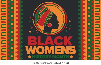 Black Women's History Month annual celebrated in April. International holiday in honor of the achievements of black women with roots in Africa of the past, future and present. Black woman silhouette