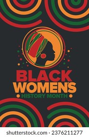 Black Women's History Month annual celebrated in April. International holiday in honor of the achievements of black women with roots in Africa of the past, future and present. Black woman silhouette