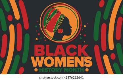 Black Women's History Month annual celebrated in April. International holiday in honor of the achievements of black women with roots in Africa of the past, future and present. Black woman silhouette