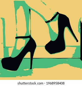 Black womens shoes with heels. Print on fabric tshirt cloth clothes. Retro cover album banner flyer party poster. Beautiful fashion legs heel. Old style label card. Hipster sticker. Design concept