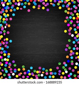 Black Wood Background With Confetti, Vector Illustration 