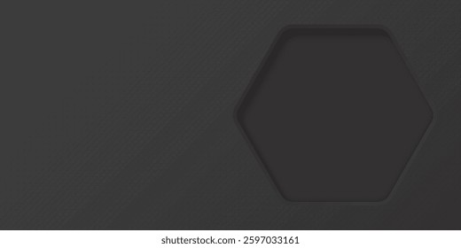 Black wood free uncoated paper rough textured with 3D rounded hexagon frame paper cut style graphic illustration have blank space. 