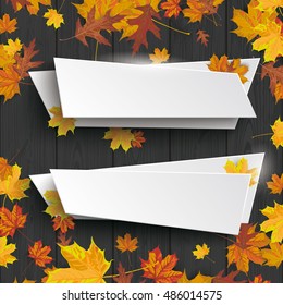 Black wood laths with foliage and banners background. Eps 10 vector file.