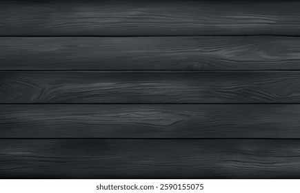 Black wood panel pattern background. Dark wood texture background. Abstract black gray horizontal wall, roof, facade, fence. Blank modern dark banner for ads or product showcase. Realistic vector.