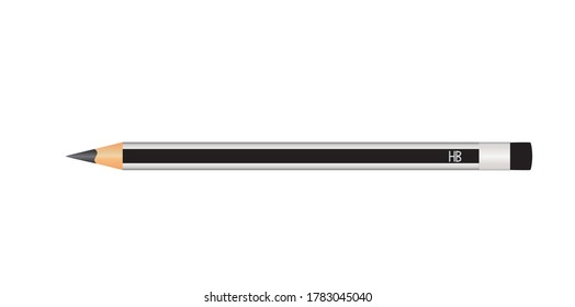 Black wood pencil with silver stripes and rubber eraser. School supply, drawing accessories, stationery. Flat vector illustration.