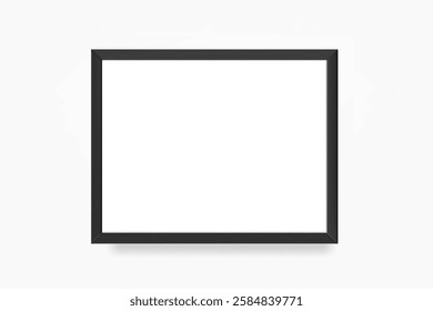 Black wood portrait frame on white wall. 3d vector mockup