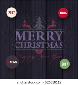 Black Wooden Background, Flyer, Poster. Typographic Merry Christmas Greeting Card Design Vector Wood Postcard with 2017 Happy New Year Celebration