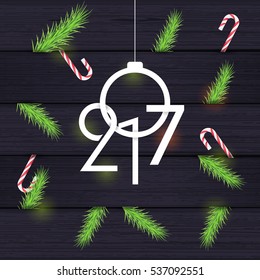 Black Wooden Background, Flyer, Poster. Realistic Vector Wood Postcard and XMas Ornaments with 2017 Happy New Year Celebration Design, Merry Christmas Greeting Card Design