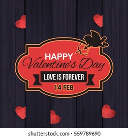 Black Wooden Background, Flyer, Poster. Typographic Happy Valentine's Day Greeting Card Design Vector Wood Postcard Illustration and Low Poly Heart Symbol