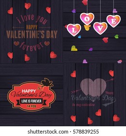 Black Wooden Background, Flyer, Poster. Typographic Happy Valentine's Day Greeting Card Design Vector Wood Postcard Illustration and Low Poly Heart Symbol Set