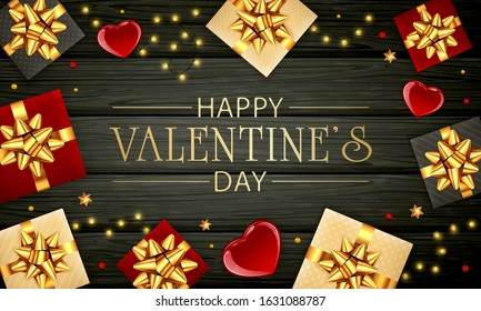 Black wooden background with red hearts, gifts with golden bow, lights and shiny stars. Gold lettering Happy Valentine's Day. Illustration can be used for holiday design, poster, card, website, banner