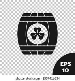 Black Wooden barrel with four leaf clover icon isolated on transparent background. Alcohol barrel, wooden keg for beer, whiskey, wine.  Vector Illustration