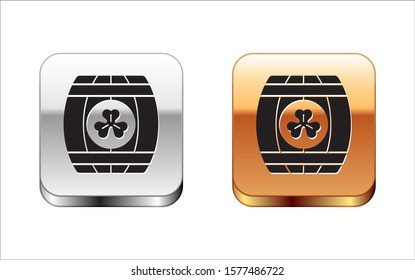 Black Wooden barrel with four leaf clover icon isolated on white background. Alcohol barrel, wooden keg for beer, whiskey, wine. Silver-gold square button. Vector Illustration