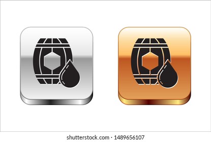 Black Wooden barrel with honey icon isolated on white background. Silver-gold square button. Vector Illustration