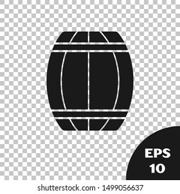 Black Wooden barrel icon isolated on transparent background. Alcohol barrel, drink container, wooden keg for beer, whiskey, wine.  Vector Illustration