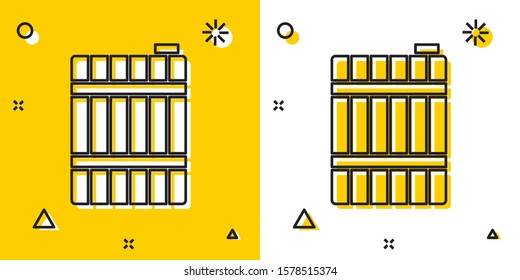 Black Wooden barrel icon isolated on yellow and white background. Alcohol barrel, drink container, wooden keg for beer, whiskey, wine. Random dynamic shapes. Vector Illustration