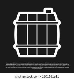 Black Wooden barrel icon isolated on black background. Alcohol barrel, drink container, wooden keg for beer, whiskey, wine.  Vector Illustration