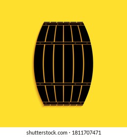 Black Wooden barrel icon isolated on yellow background. Alcohol barrel, drink container, wooden keg for beer, whiskey, wine. Long shadow style. Vector.