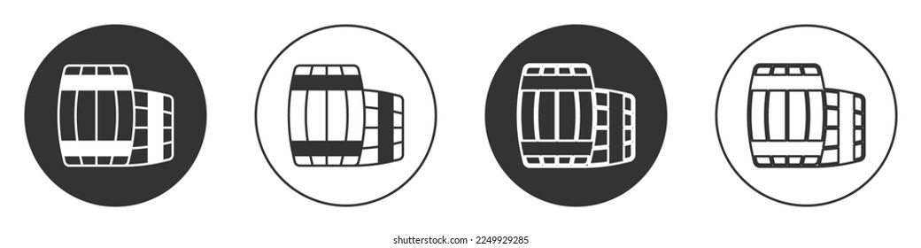 Black Wooden barrel icon isolated on white background. Alcohol barrel, drink container, wooden keg for beer, whiskey, wine. Circle button. Vector