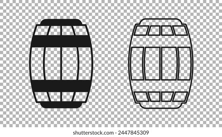 Black Wooden barrel icon isolated on transparent background. Alcohol barrel, drink container, wooden keg for beer, whiskey, wine.  Vector