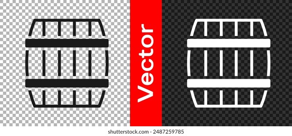 Black Wooden barrel icon isolated on transparent background. Alcohol barrel, drink container, wooden keg for beer, whiskey, wine.  Vector