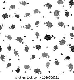 Black Wooden barrel on rack with stopcock and wooden beer mug icon isolated seamless pattern on white background.  Vector Illustration