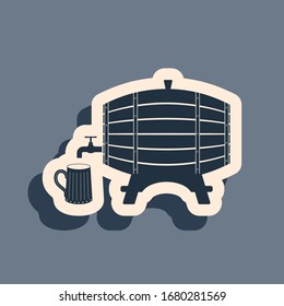 Black Wooden barrel on rack with stopcock and wooden beer mug icon isolated on grey background. Long shadow style. Vector Illustration