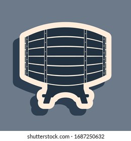 Black Wooden barrel on rack icon isolated on grey background. Long shadow style. Vector Illustration