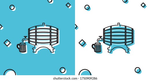 Black Wooden barrel on rack with stopcock and wooden beer mug icon isolated on blue and white background. Random dynamic shapes. Vector Illustration